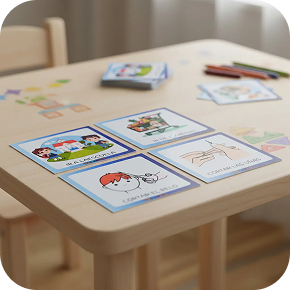 Pictogramas y apoyos visuales para Comunicación Aumentativa y Alternativa sobre una mesa de trabajo.